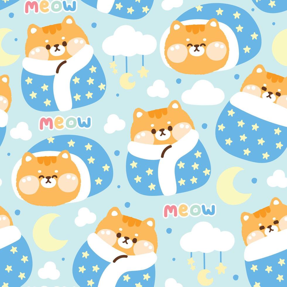 desatado padronizar do fofa gato dentro dormir poses em céu fundo.pet animal personagem desenho animado design.nuvem, lua, estrela mão desenhado.meow.kawaii.vector.illustration. vetor