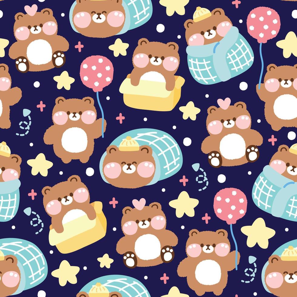 desatado padronizar do fofa Urso de pelúcia Urso dentro vários poses em noite céu fundo.sono.balão.selvagem animal personagem desenho animado design.imagem para cartão, cartaz, bebê roupas.kawaii.vetor.ilustração. vetor