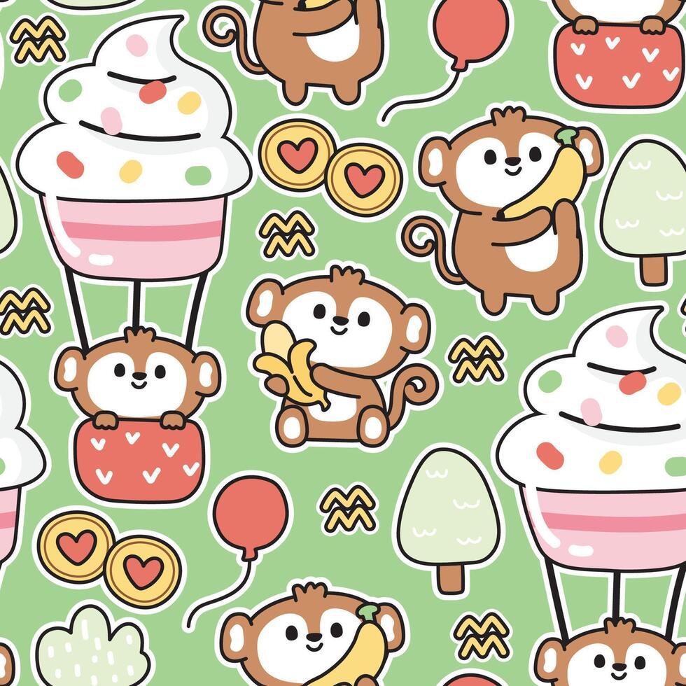 desatado padronizar do fofa macaco dentro vários poses background.cupcake, balão, biscoitos, banana, grama, árvore mão desenhado.selvagem animal personagem desenho animado design.bebê roupas.kawaii.vetor.ilustração. vetor