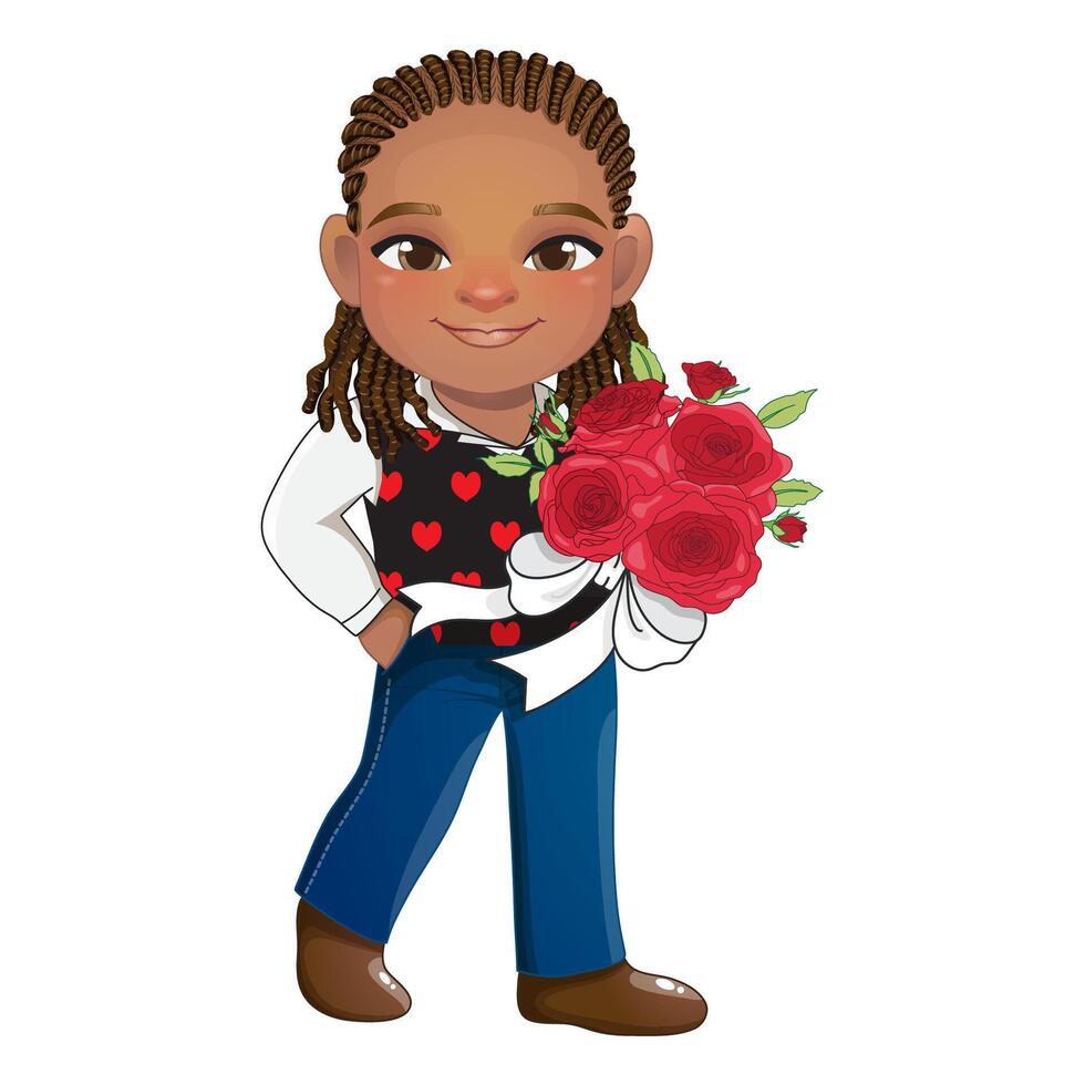 namorados s dia com americano africano Garoto segurando ramalhete do rosas desenho animado personagem vetor ilustração