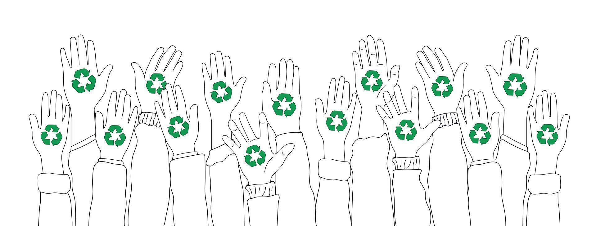 reciclando conceito ilustração. grupo do mãos com reciclando placa para evita de Meio Ambiente poluição. vetor ilustração.