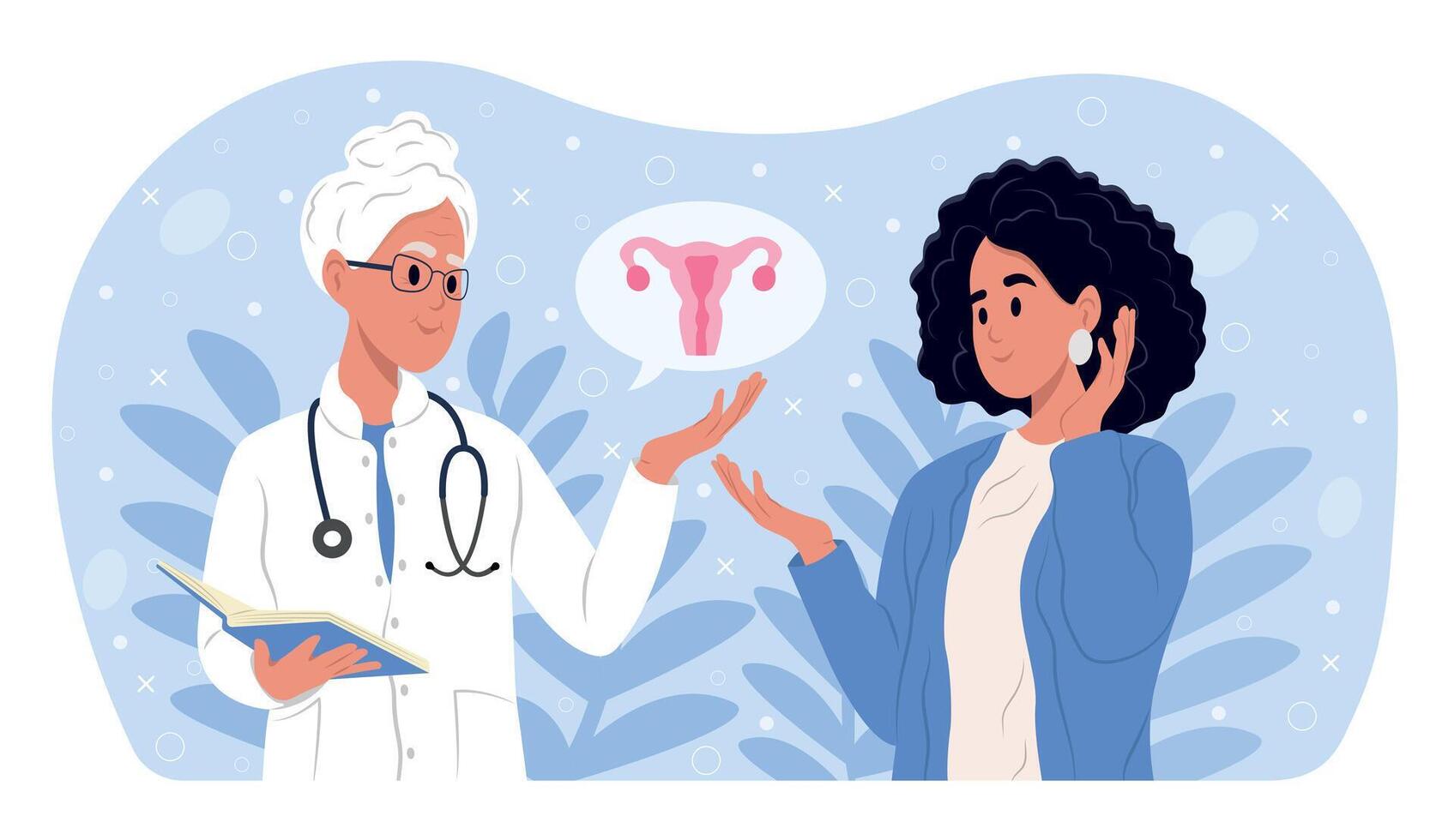 endometriose consciência mont. a médico explica a resultados do a ginecológico exame. mulheres doenças e prevenção do mulheres saúde vetor