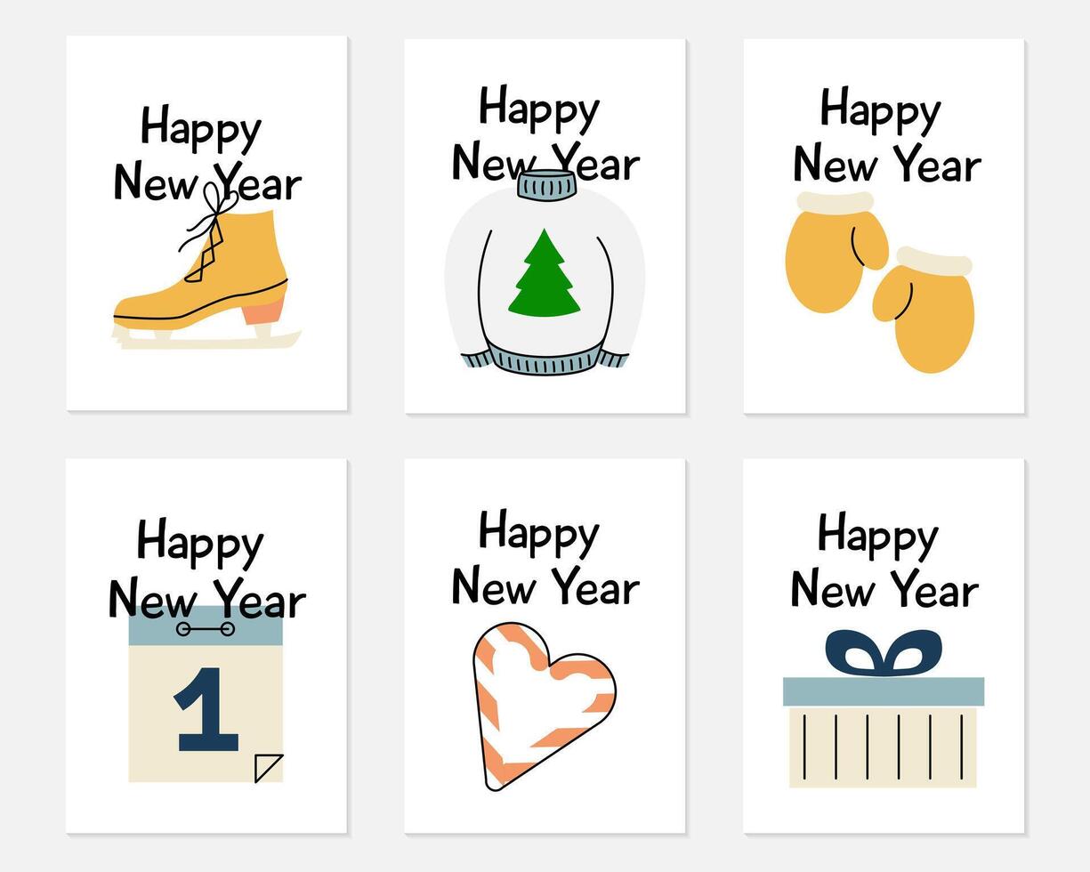 conjunto do simples cartões postais para a Novo ano. símbolos do Natal. Parabéns em a feriado. caloroso suéter e luvas. patim, dar presentes. calendário para a primeiro dia. doce. vetor ilustração