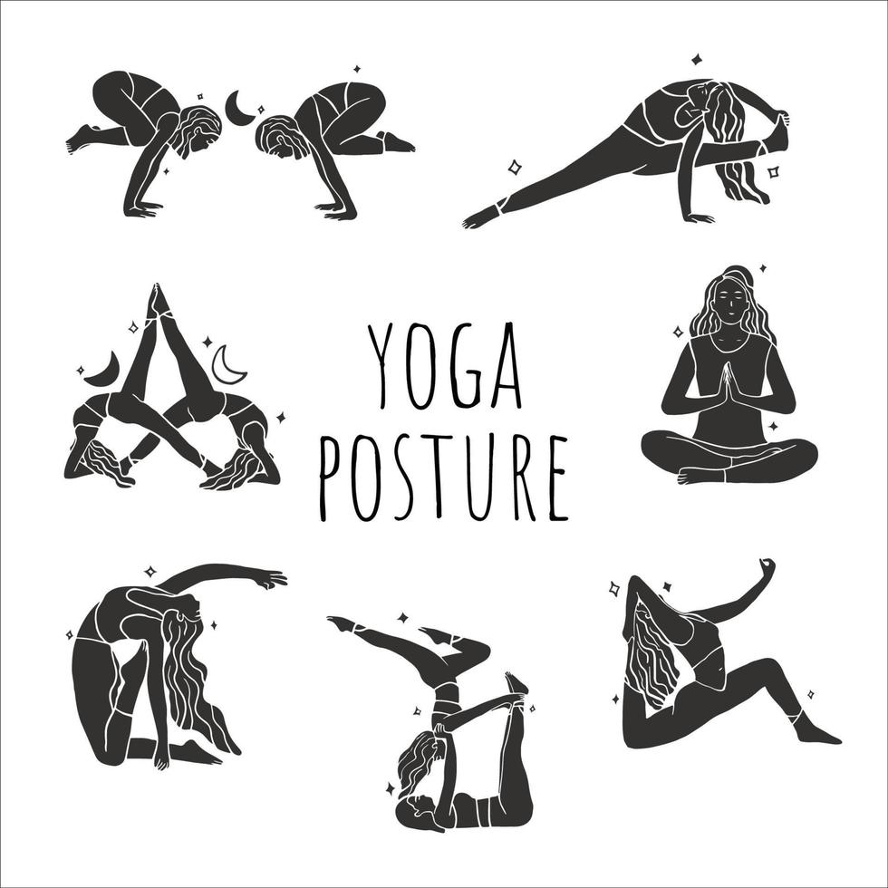 postura de ioga abstrata, poses de meditação de ioga, arte desenhada à mão de mulheres vetor