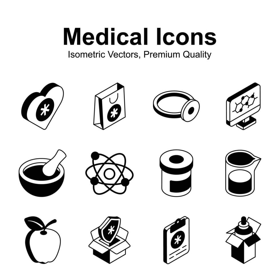 levar uma Veja às isto criativamente projetado médico e cuidados de saúde isométrico ícones conjunto vetor