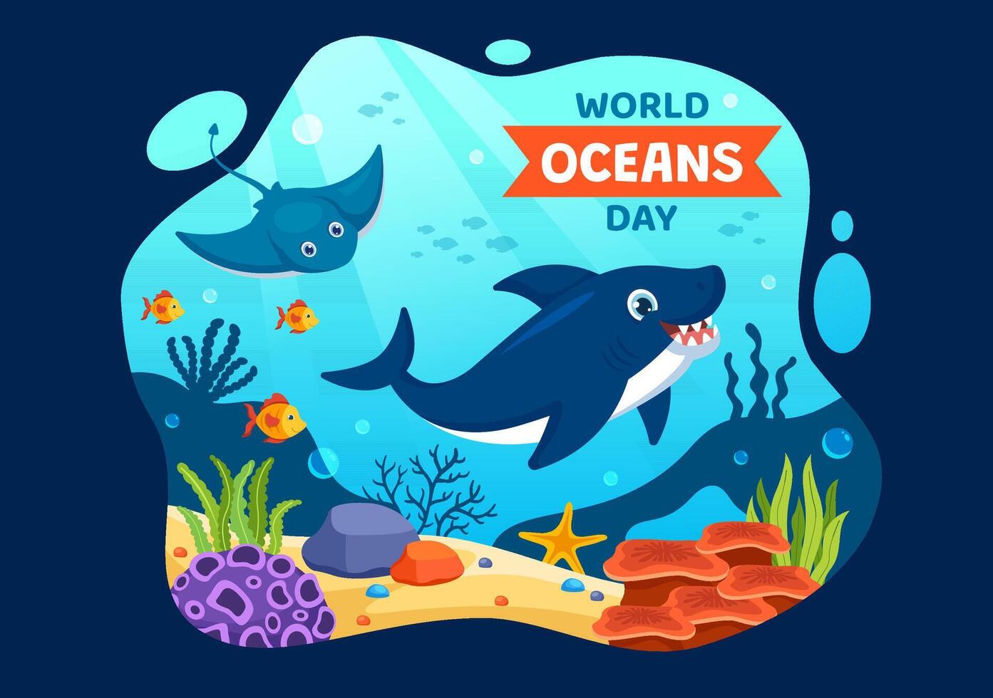mundo oceanos dia vetor ilustração para Socorro proteger e conservar oceano, peixe, ecossistema ou mar plantas dentro plano desenho animado fundo Projeto