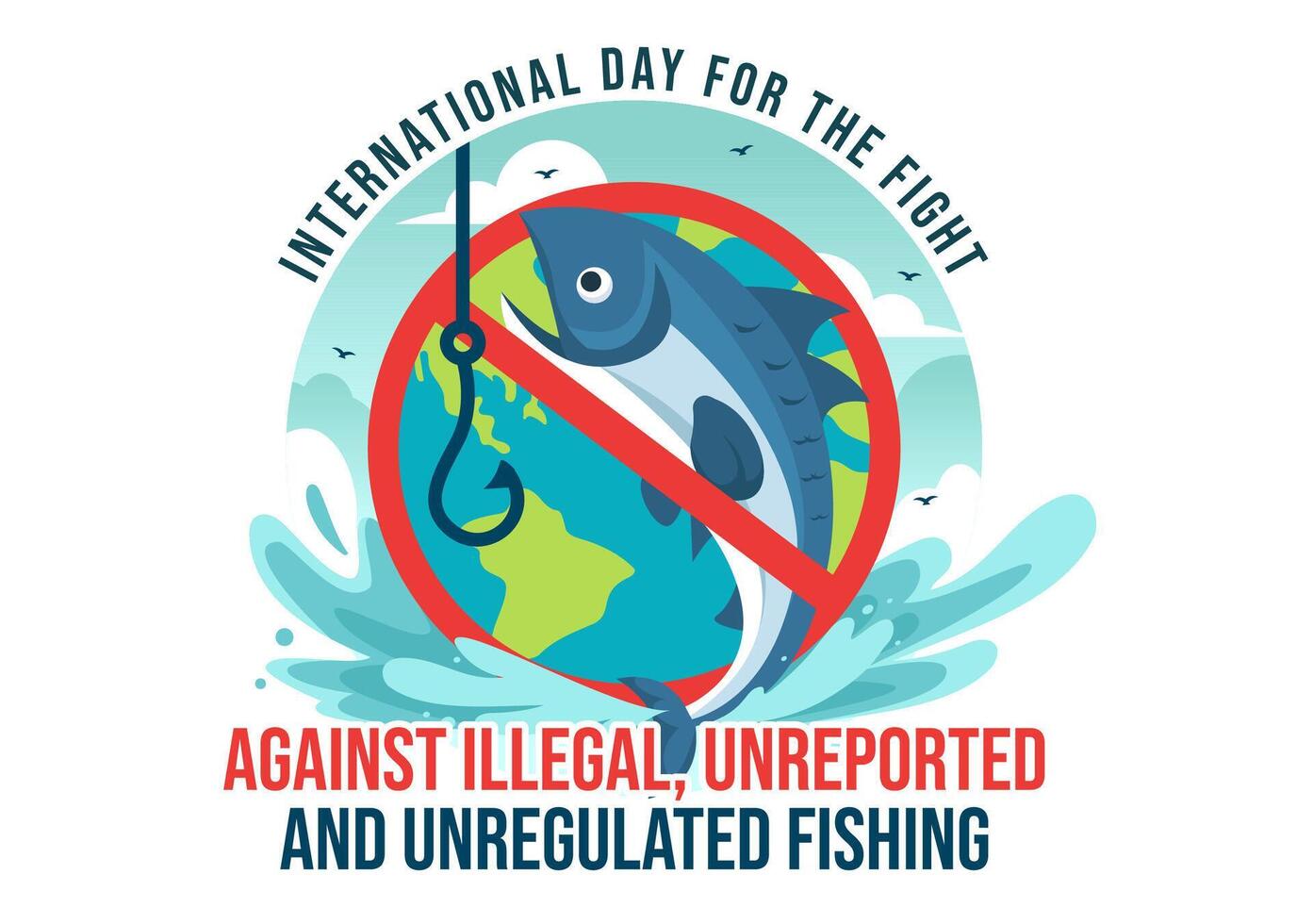 internacional dia para a luta contra ilegal, não relatado e não regulamentado pescaria vetor ilustração com Cajado peixe dentro plano desenho animado fundo