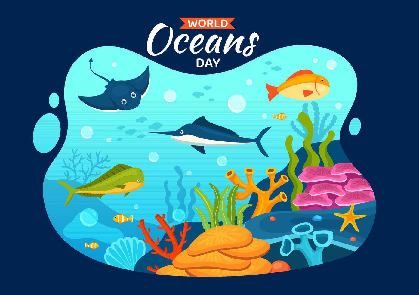 mundo oceanos dia vetor ilustração para Socorro proteger e conservar oceano, peixe, ecossistema ou mar plantas dentro plano desenho animado fundo Projeto