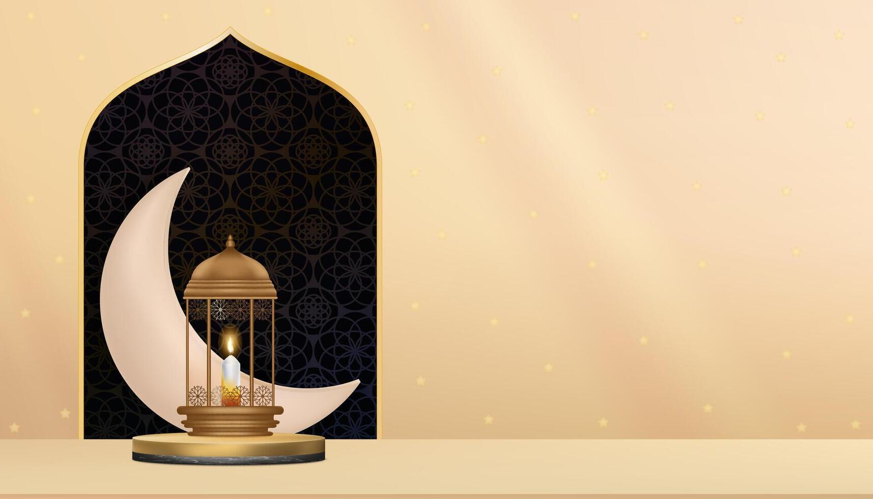 Ramadã fundo, eid Mubarak cartão, islâmico lanterna em pódio com crescente lua, estrela em amarelo pano de fundo.vetor religião do muçulmano simbólico, eid ul fitr, Ramadã kareem, eid al adha, ramadã kareem vetor