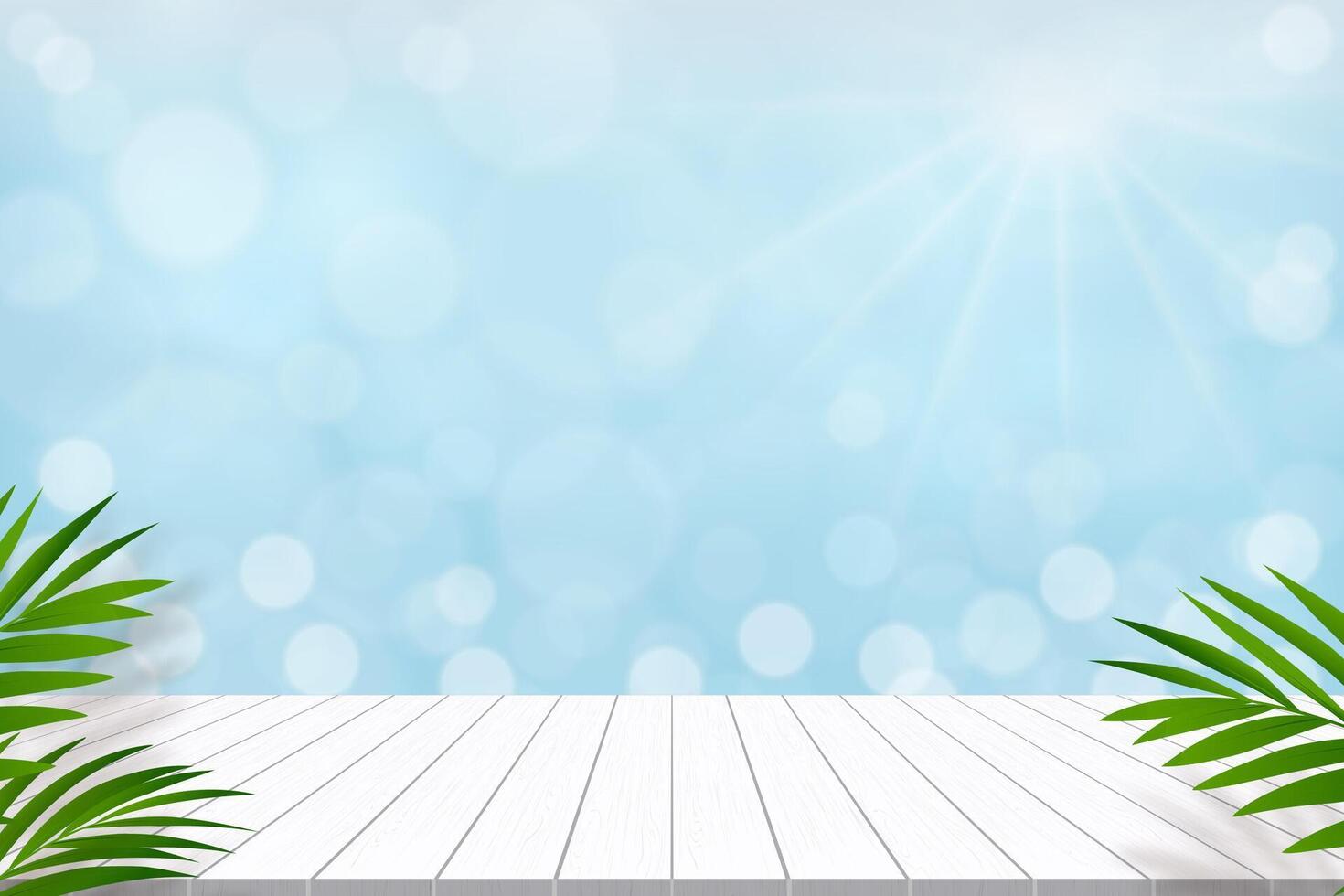 madeira mesa topo e coco Palma folhas em azul luz embaçado bokeh fundo usava para montagem ou exibição produto.vetor estúdio fundo perspectiva de madeira terraço textura para verão produtos apresenta vetor
