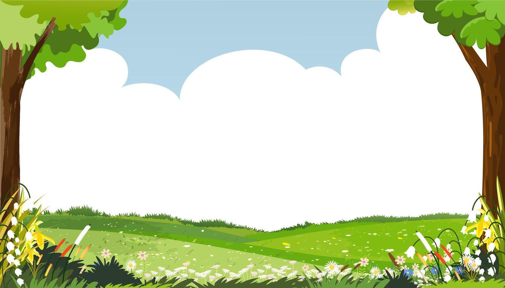 fundo de primavera com paisagem de campo de grama rural, borda de folhas verdes no fundo do céu azul, desenho vetorial bonito para a páscoa com espaço de cópia céu e nuvem, banner de pano de fundo para olá primavera, verão vetor