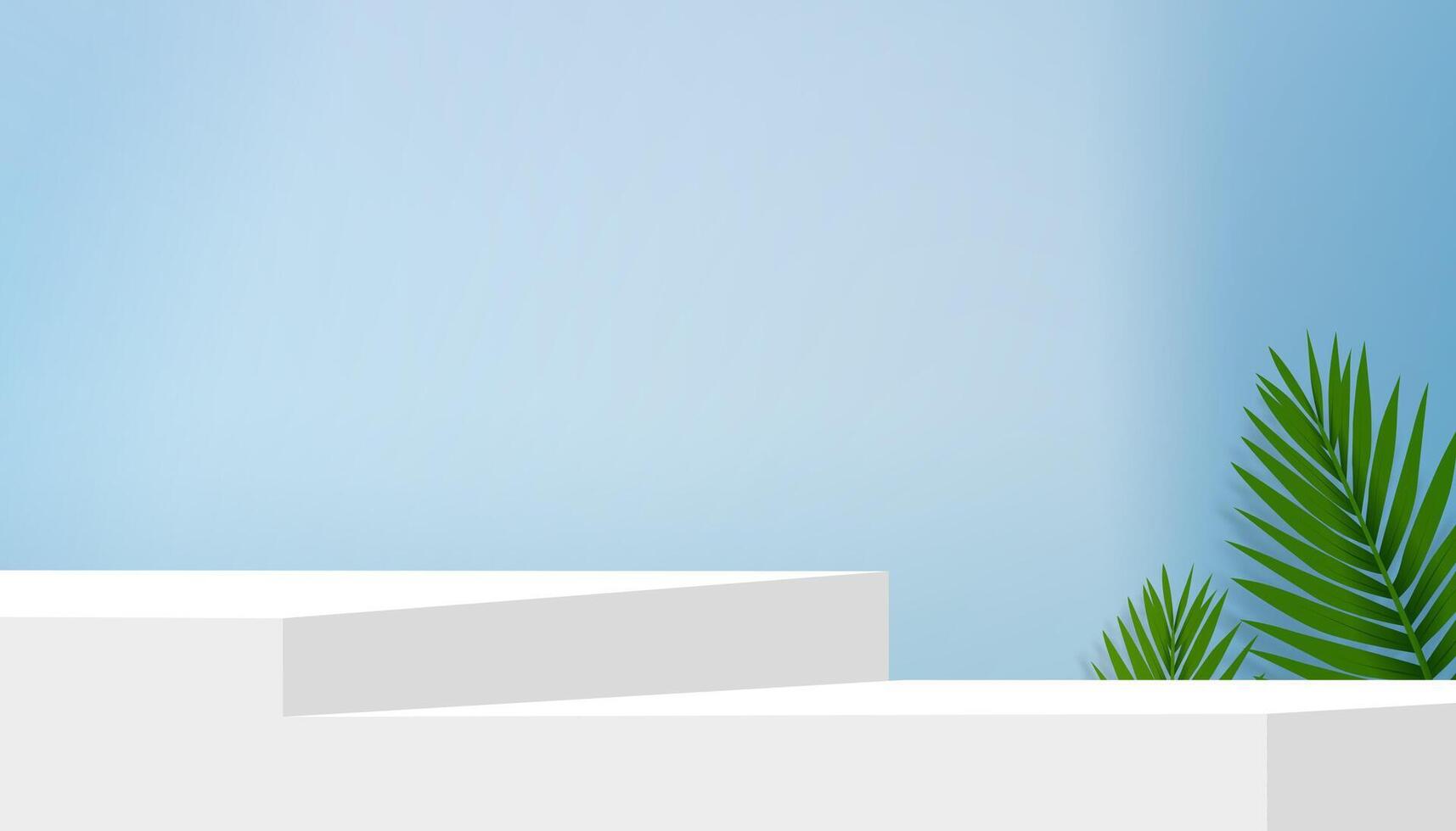 verão plano de fundo, estúdio quarto com 3d exibição com luz, coco Palma folhas sombra folhas em azul cimento parede fundo para produtos presente, pano de fundo tropical cena conceito para feriado rede bandeira vetor