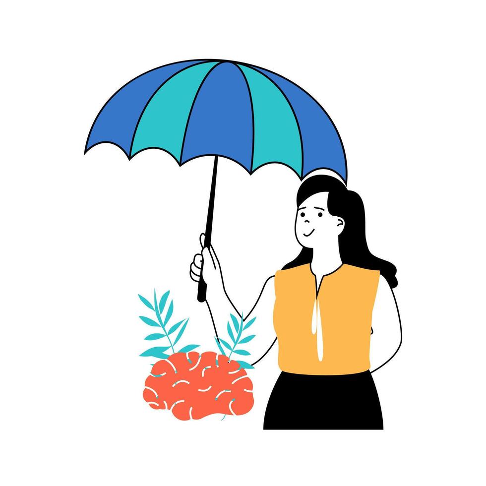 mental saúde conceito com desenho animado pessoas dentro plano Projeto para rede. mulher cobertura com guarda-chuva dela cérebro, protegendo e apoiando. vetor ilustração para social meios de comunicação bandeira, marketing material.
