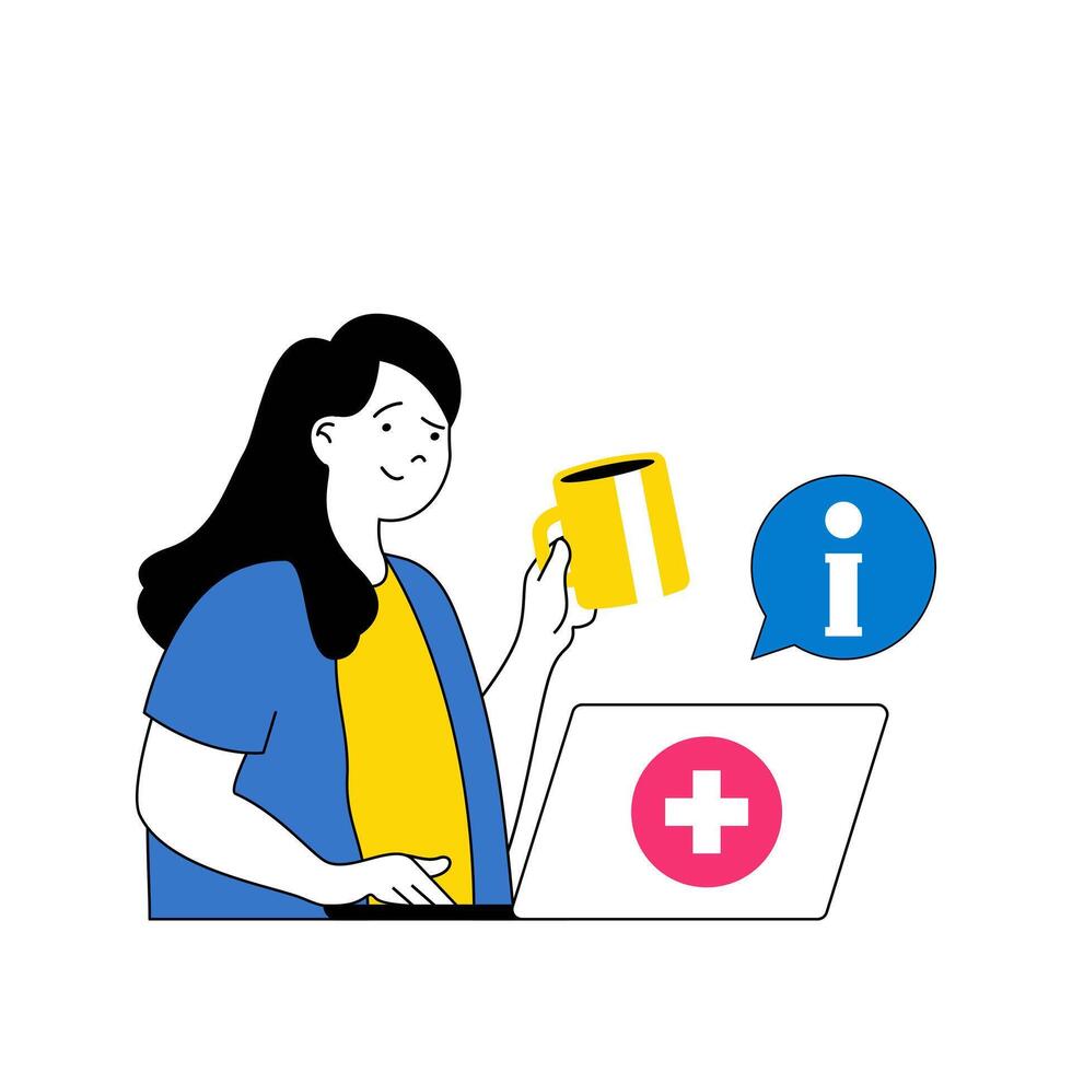 médico conceito com desenho animado pessoas dentro plano Projeto para rede. mulher recebe em formação e profissional médico consulta on-line. vetor ilustração para social meios de comunicação bandeira, marketing material.