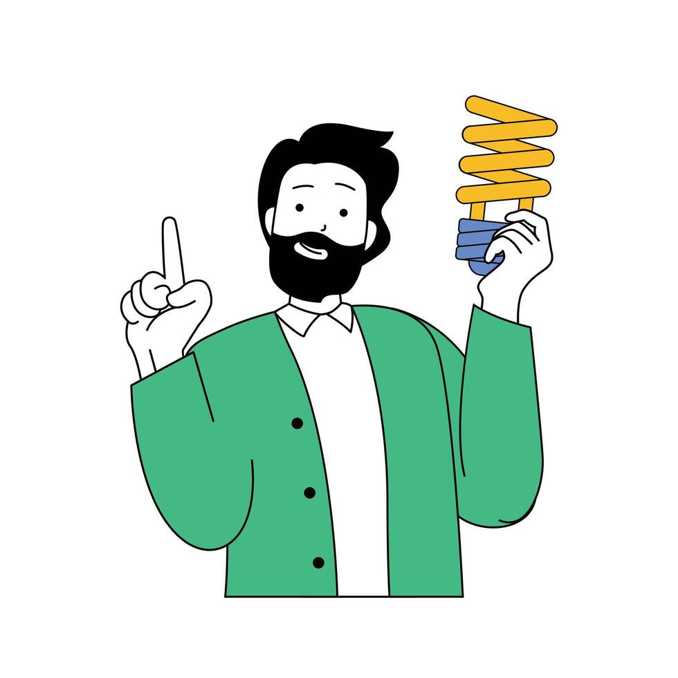 ecologia conceito com desenho animado pessoas dentro plano Projeto para rede. homem usando energia salvando luz lâmpadas para obtendo eletricidade poder às lar. vetor ilustração para social meios de comunicação bandeira, marketing material.