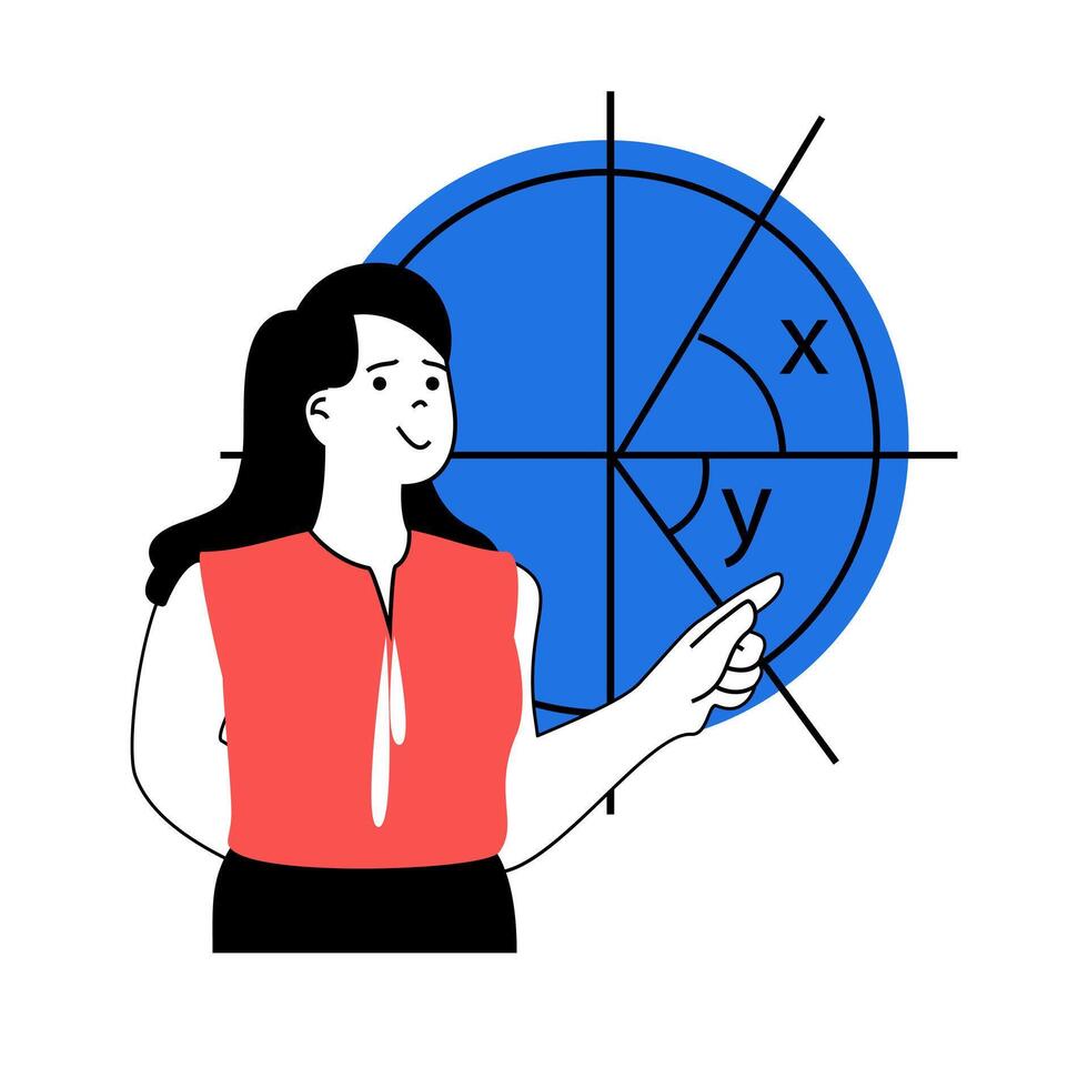 escola Aprendendo conceito com desenho animado pessoas dentro plano Projeto para rede. professor explicando matemática problemas resolução dentro matemática seminário. vetor ilustração para social meios de comunicação bandeira, marketing material.