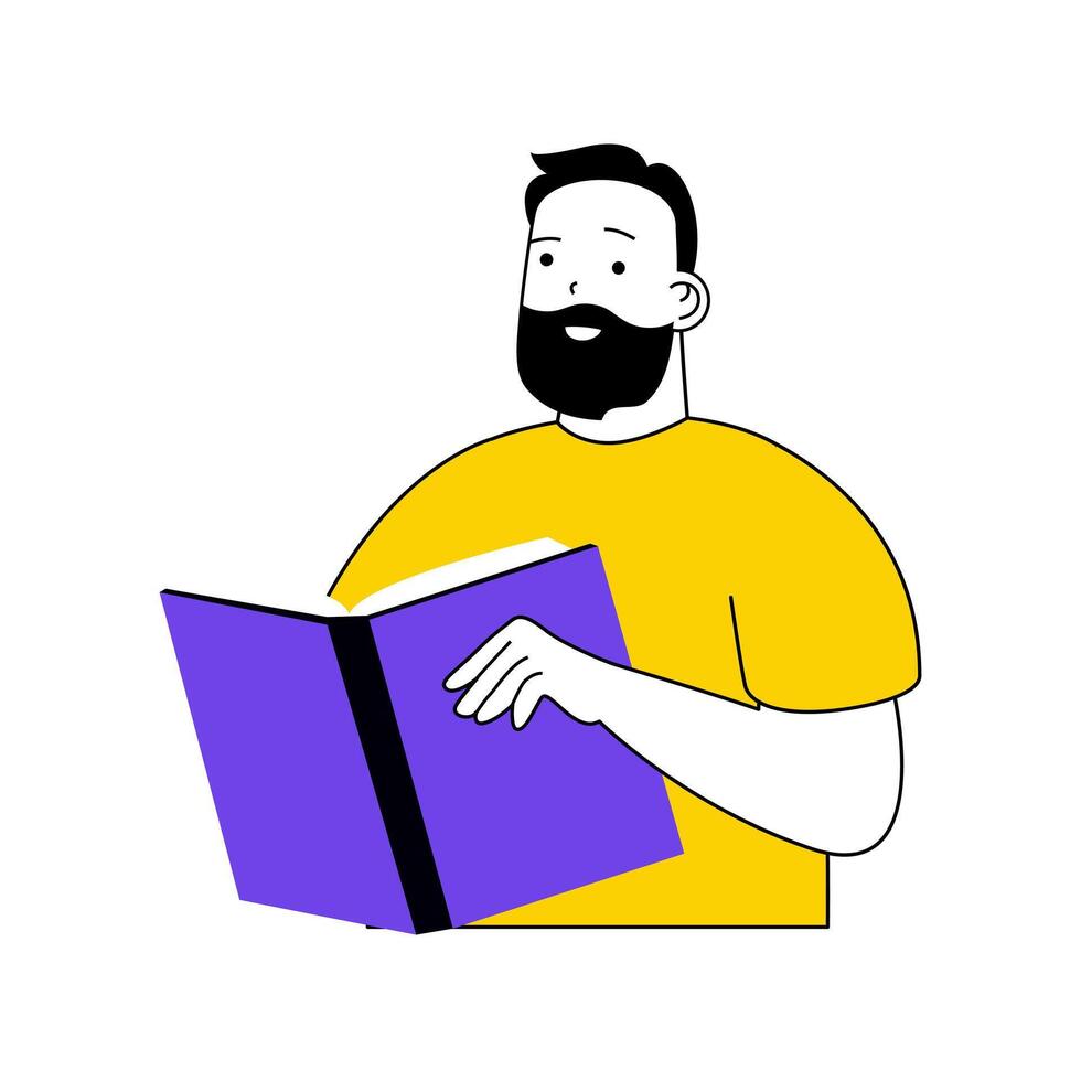 livro lendo conceito com desenho animado pessoas dentro plano Projeto para rede. homem lê aberto livro, pesquisando Novo intelectual romance dentro biblioteca. vetor ilustração para social meios de comunicação bandeira, marketing material.