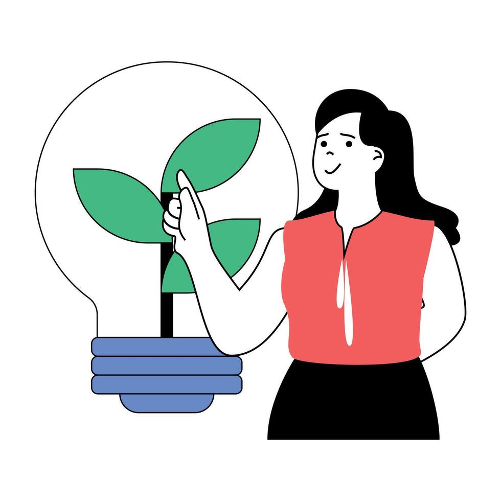 ecologia conceito com desenho animado pessoas dentro plano Projeto para rede. mulher usando limpar \ limpo eco amigáveis tecnologia para obtendo eletricidade poder. vetor ilustração para social meios de comunicação bandeira, marketing material.