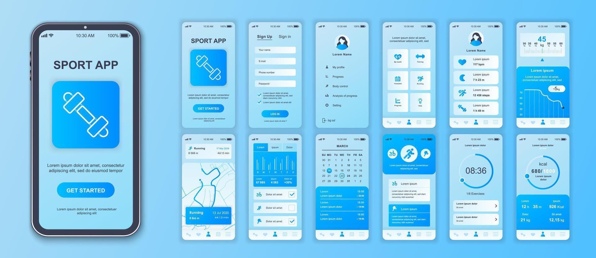 ginástica Móvel aplicativo interface telas modelo definir. conta Conecte-se, atividade Informação, treinamentos lista, peso, rota mapa, gráficos. pacote do interface do usuário, ux, gui kit para inscrição rede layout. vetor Projeto.