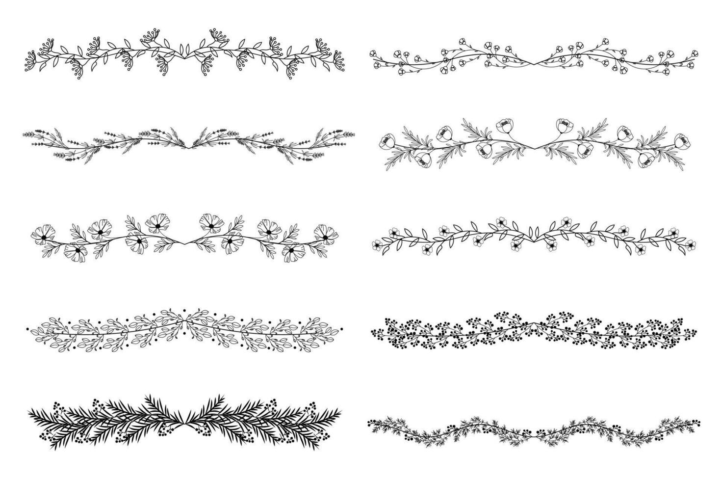 Preto flor fronteiras mega conjunto dentro plano Projeto. agrupar elementos do elegante linha tinta contorno floral divisores e silhueta louro galhos com folhas. vetor ilustração isolado gráfico objetos
