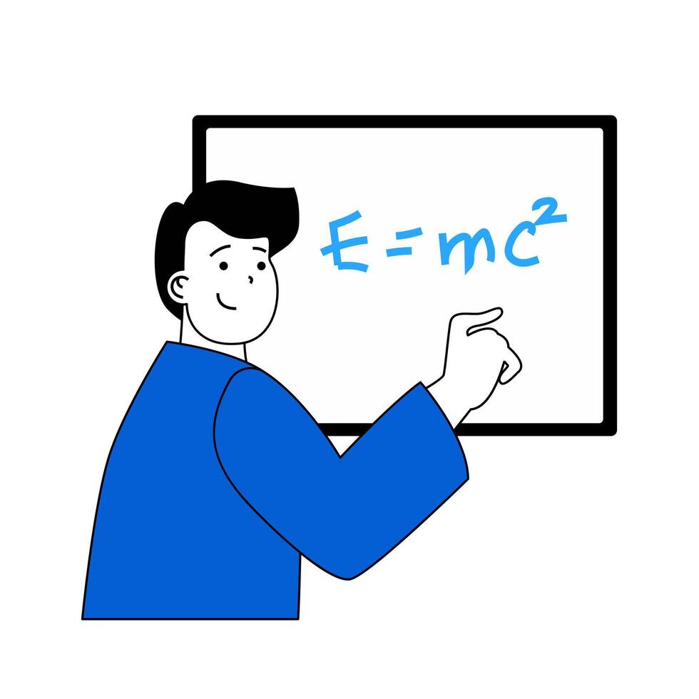 Ciência laboratório conceito com desenho animado pessoas dentro plano Projeto para rede. cientista Aprendendo física fórmulas, calculando às quadro-negro. vetor ilustração para social meios de comunicação bandeira, marketing material.