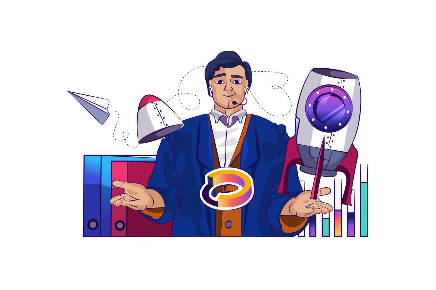 comece conceito com pessoas cena dentro plano desenho animado Projeto para rede. homem de negocios iniciando e em desenvolvimento empresa, alcançar ambição meta. vetor ilustração para social meios de comunicação bandeira, marketing material.