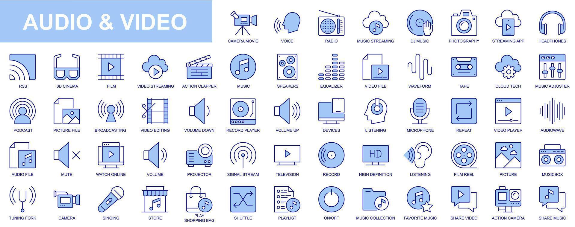 audio e vídeo rede ícones conjunto dentro azul linha Projeto. pacote do Câmera filme, voz, rádio, música transmissão, fotografia, fones de ouvido, cinema, podcast, transmissão, outro. vetor esboço acidente vascular encefálico pictogramas