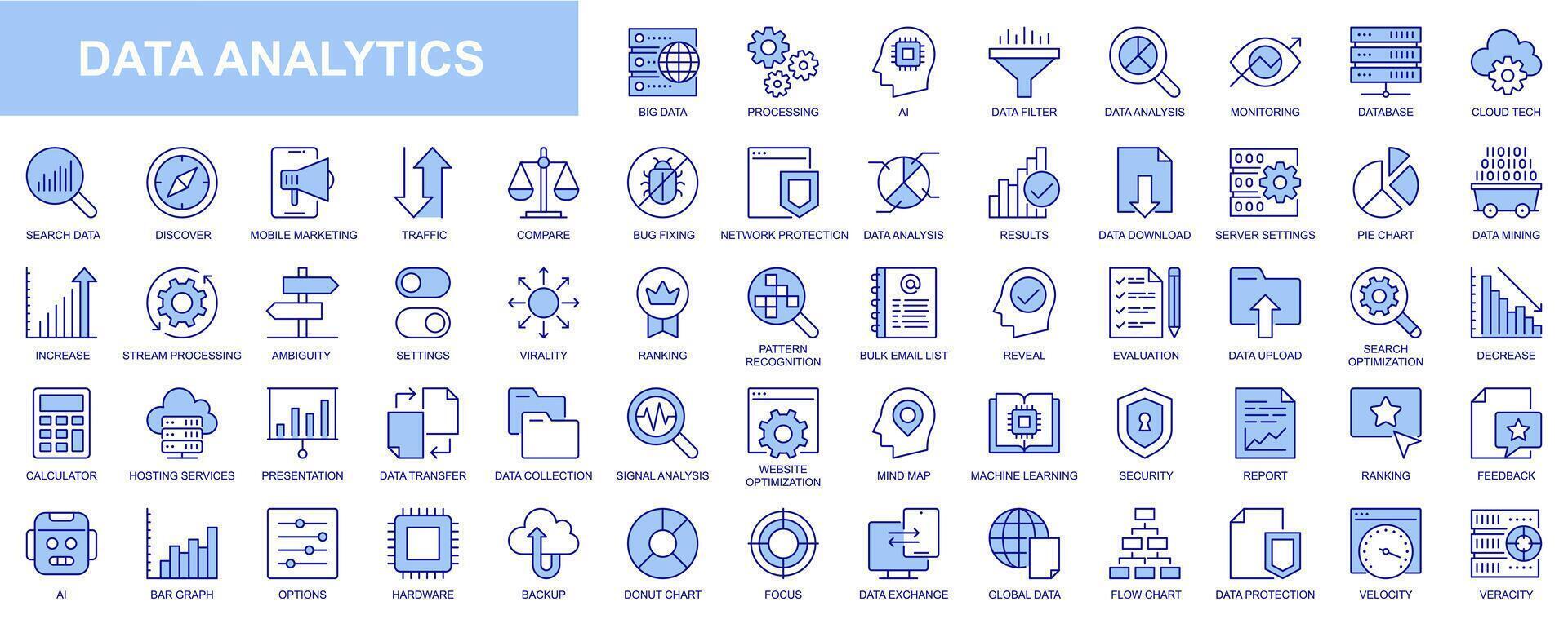 dados analytics rede ícones conjunto dentro azul linha Projeto. pacote do base de dados, grande dados processo, ai, monitoramento, tráfego, hospedagem serviço, otimização, cópia de segurança, gráfico e outro. vetor esboço acidente vascular encefálico pictogramas