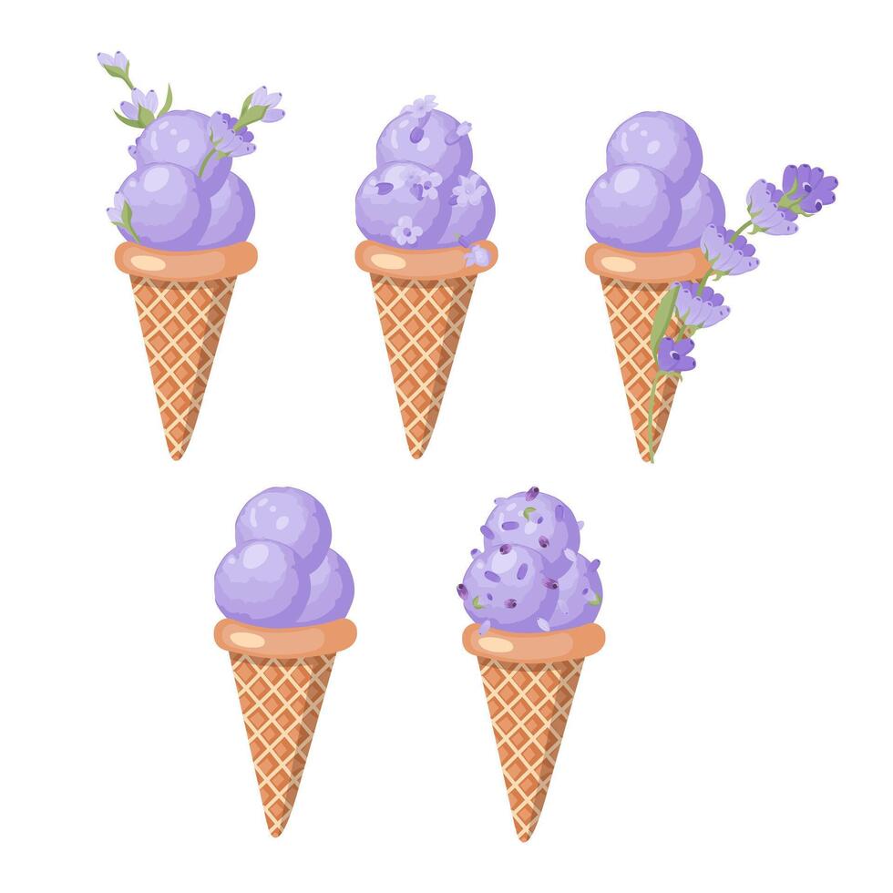 uma conjunto do lavanda gelo creme dentro waffle cones. roxa sorvete. vetor ilustração isolado em branco fundo.