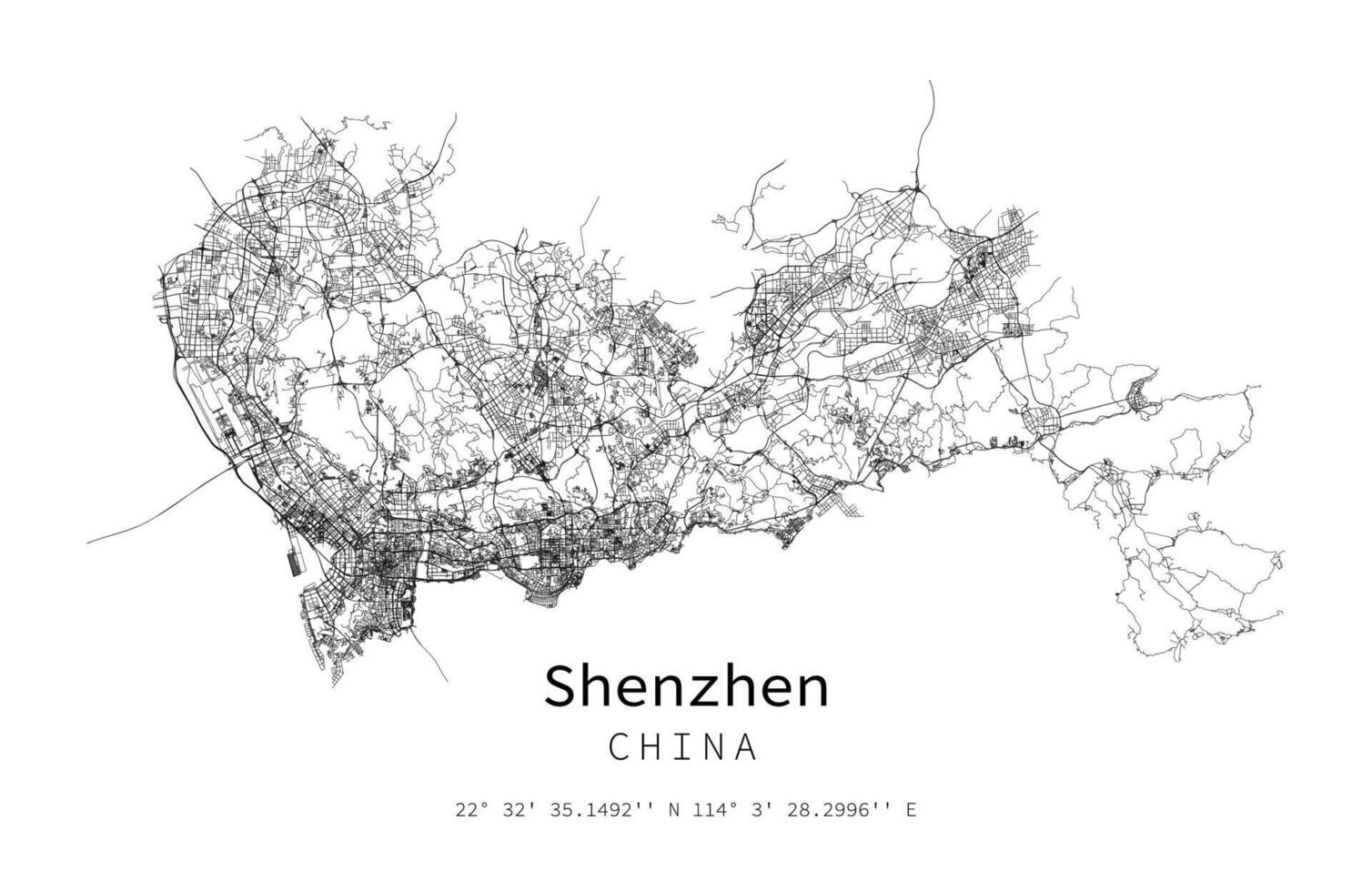 Shenzhen cidade vetor mapa poster. China município linear rua mapa