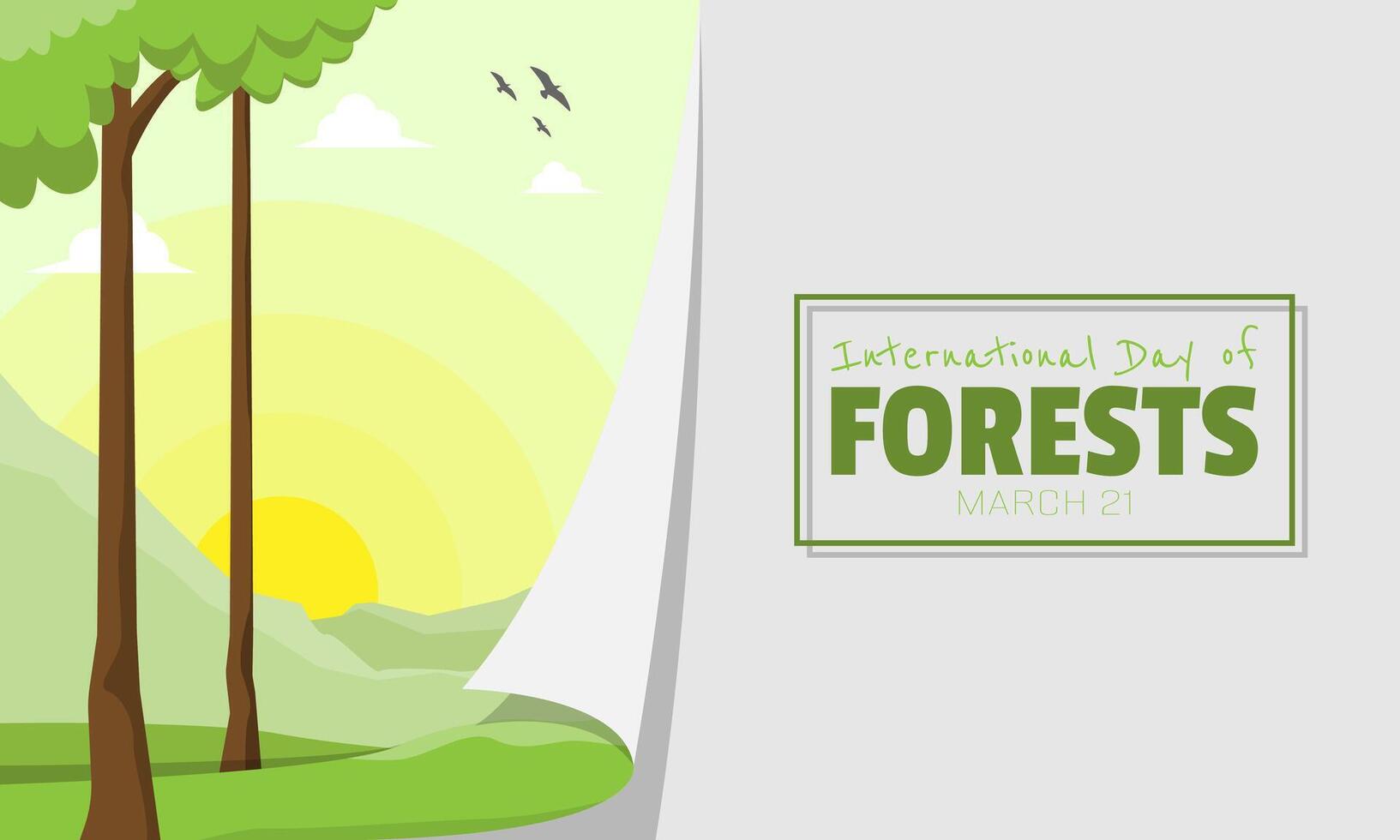 internacional dia do florestas poster com alta árvores e montanhas dentro a fundo vetor