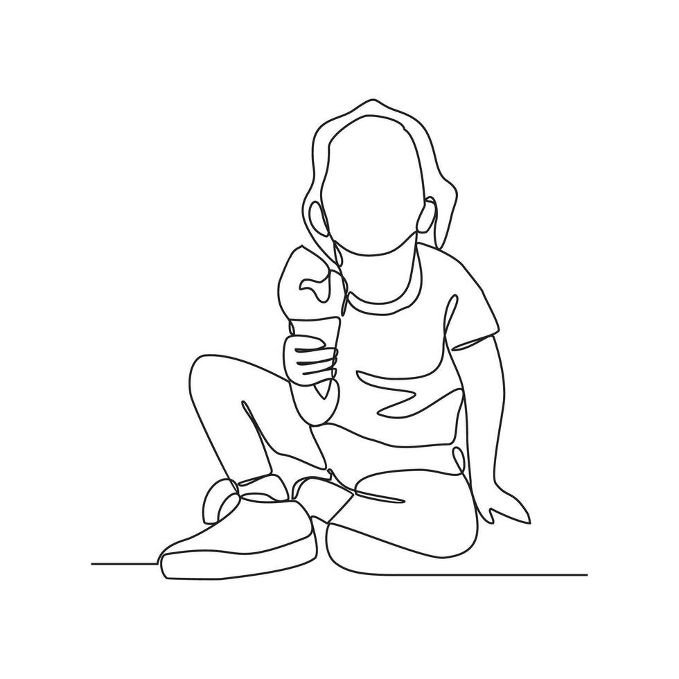 1 contínuo linha desenhando do uma mulher é segurando gelo creme pronto para comer vetor ilustração. pessoas com Comida ou beber atividade dentro simples linear estilo conceito vetor. adequado para seu de ativos Projeto.