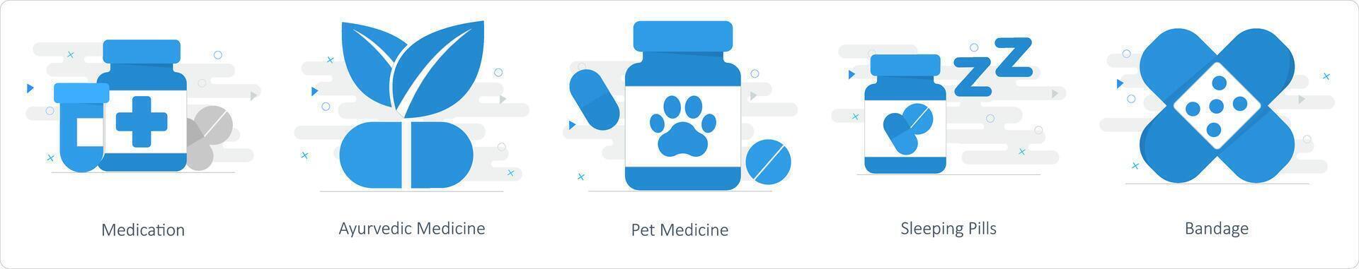 uma conjunto do 5 misturar ícones Como meditação, ayurvédica medicamento, animal remédio vetor