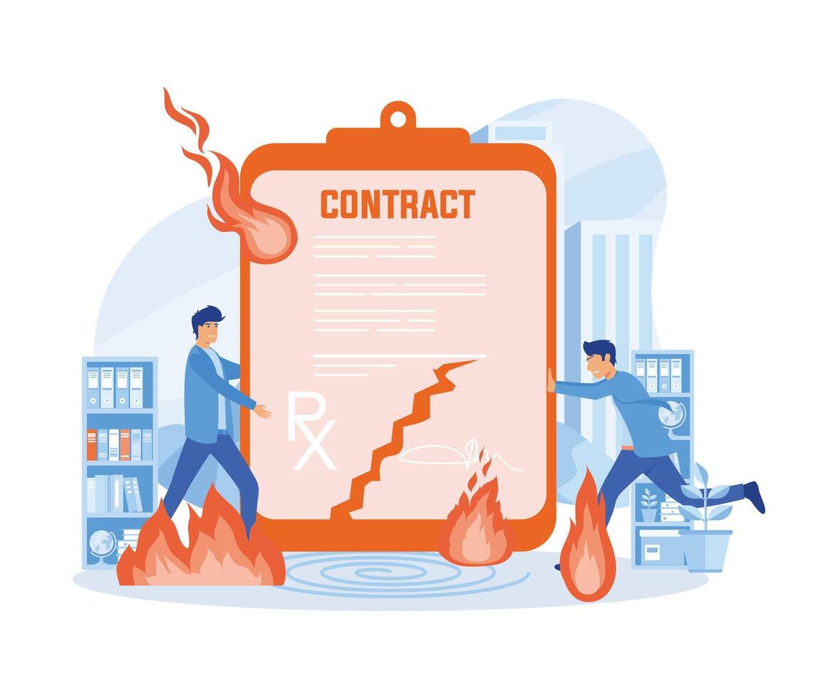 contrato acordo conceito. vetor conceito do terminação do a acordo. dois homem em terno rasgando contrato. homem de negocios dentro área de trabalho. plano vetor moderno ilustração