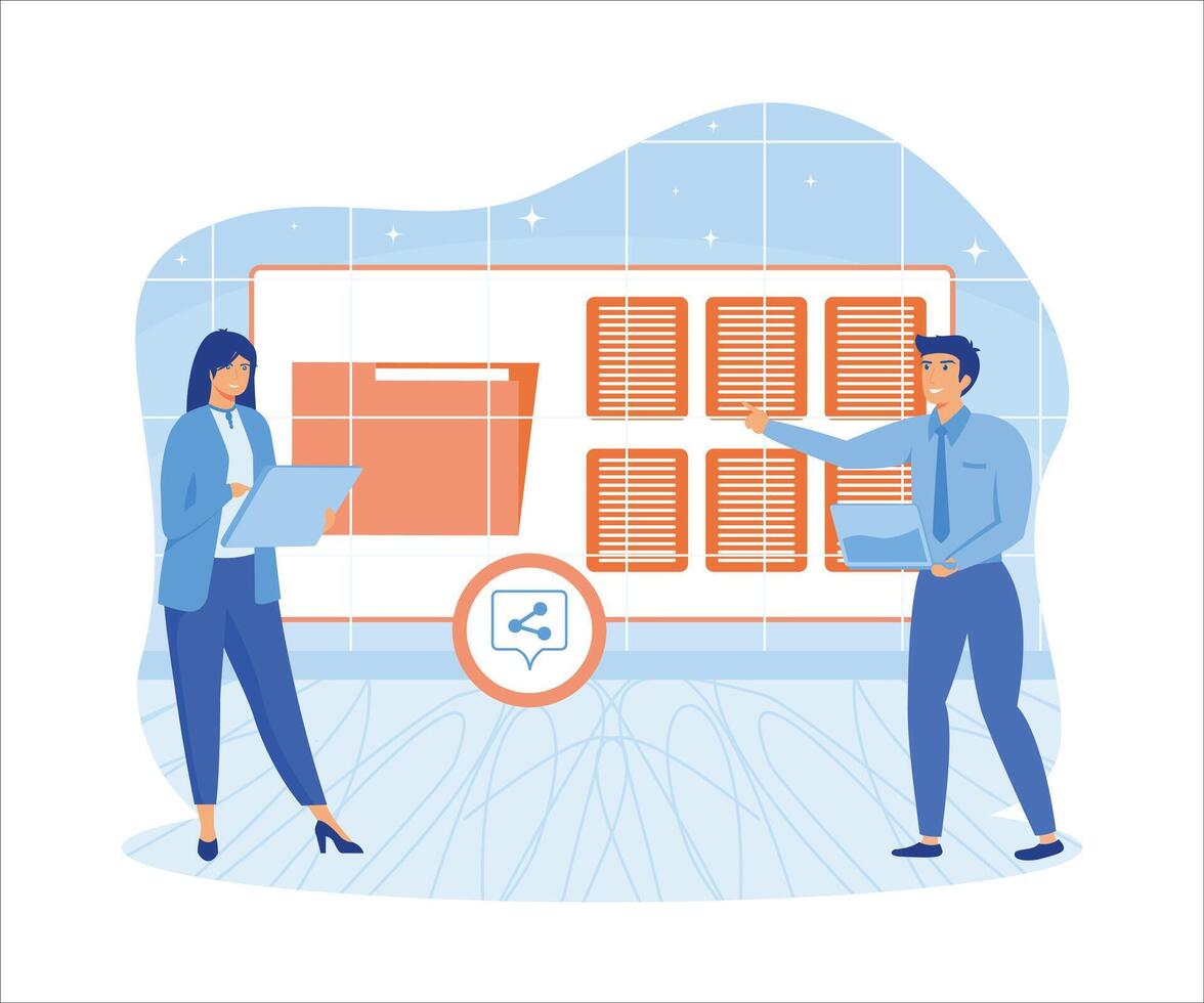 pessoas mandar arquivos para negócios. partilha arquivo, dados transferir, transferir do documentação, nuvem serviço, Arquivo gerenciamento, eletrônico documento gerenciamento. plano vetor moderno ilustração