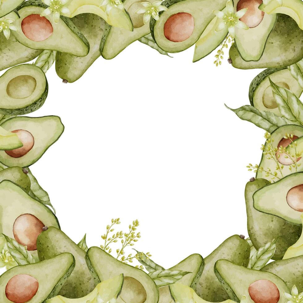 abacate quadrado quadro, Armação fronteira. aguarela fundo com branco cópia de espaço. mão desenhado isolado Comida ilustração. pintura do vegetal plantar. desenhando do fruta para Projeto do botânico cartão ou adesivos. vetor