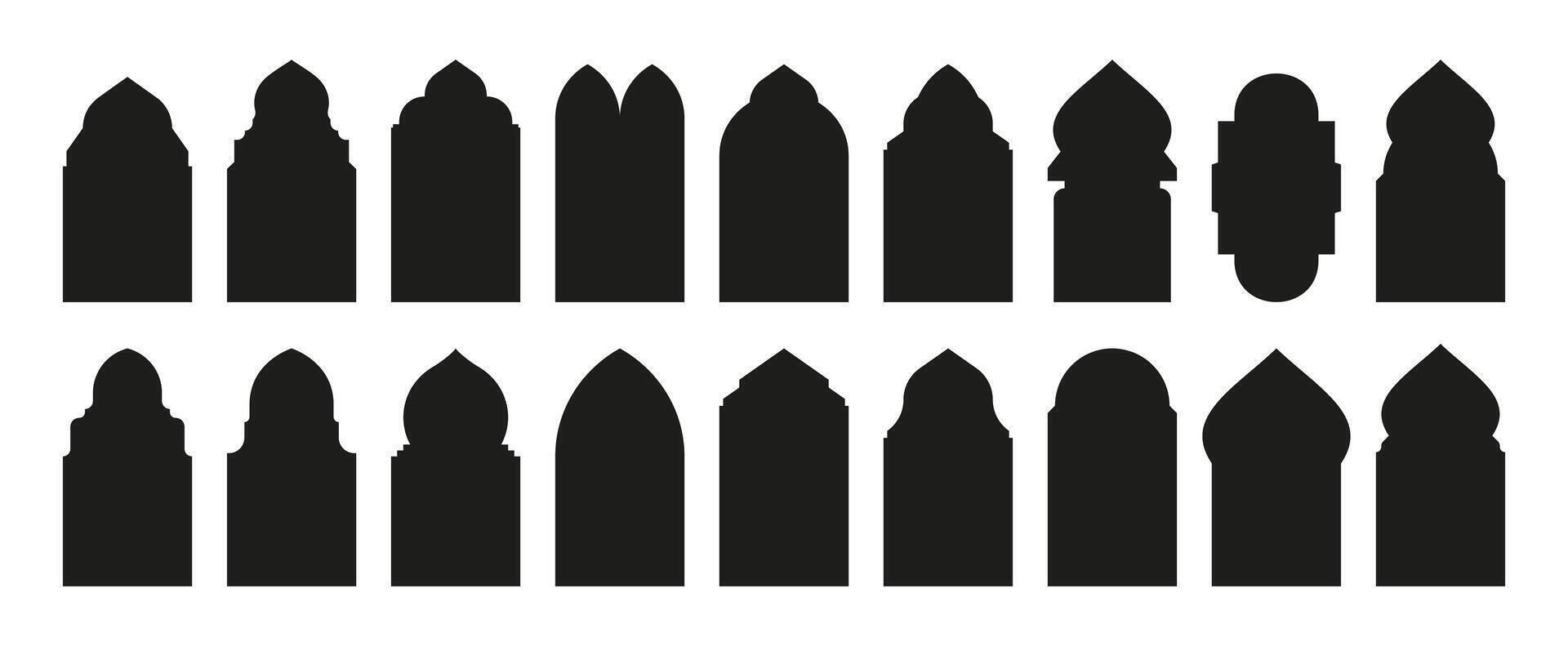 oriental janelas. tradicional islâmico arcos boho minimalista projeto, árabe geométrico quadros com mesquita cúpula silhueta. moderno vetor conjunto