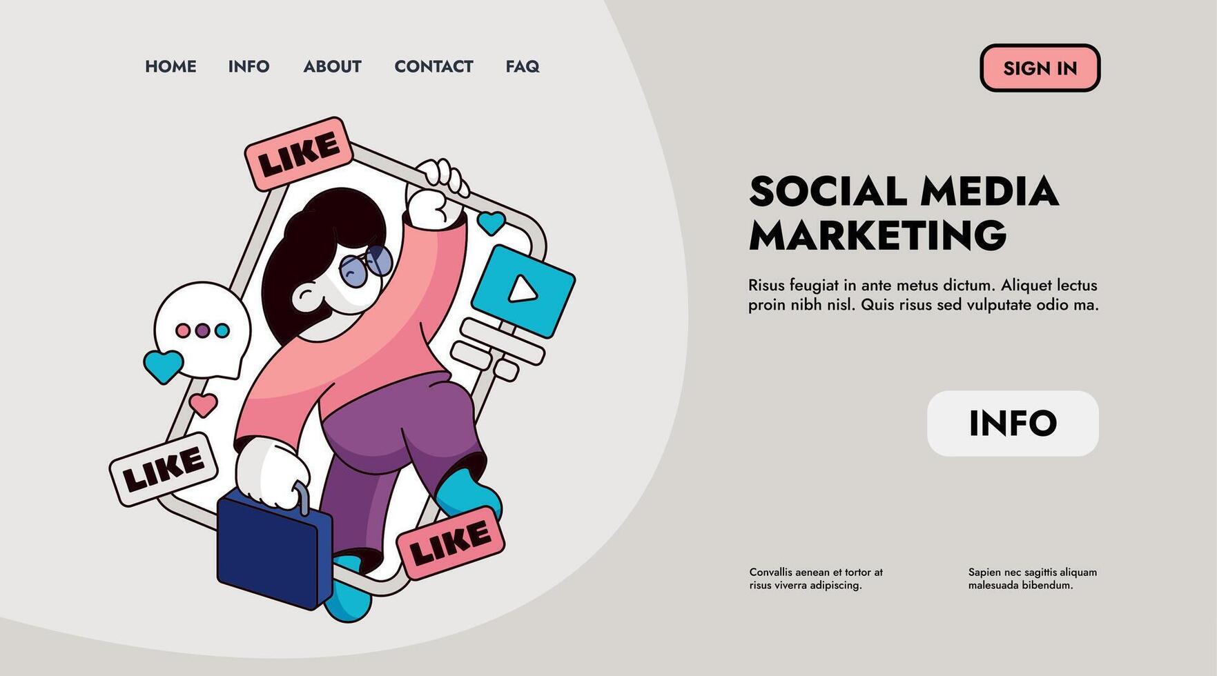 social marketing pousar. rede página modelo com social rede botões, gostar botão e compartilhar botão. vetor rede página com social meios de comunicação ícones