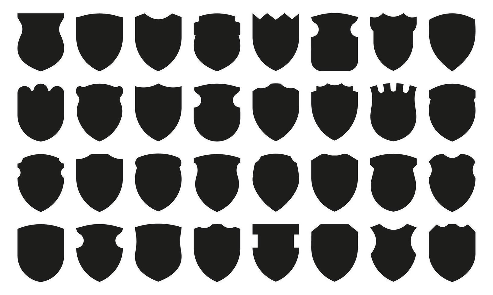escudo silhueta ícones. medieval Preto silhuetas do diferente formas, segurança e autoridade heráldico símbolo, em branco proteção rótulo. vetor isolado conjunto