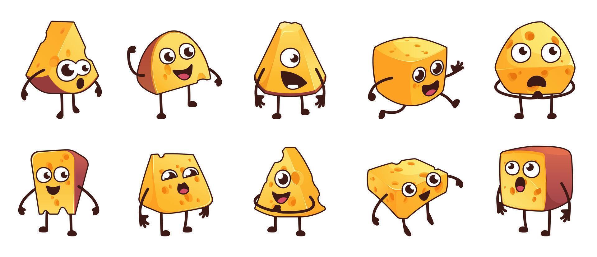 desenho animado queijo mascote. fofa kawaii Comida personagens com diferente emoções, feliz triste Bravo fofa pessoa para laticínios produtos embalagem. vetor conjunto