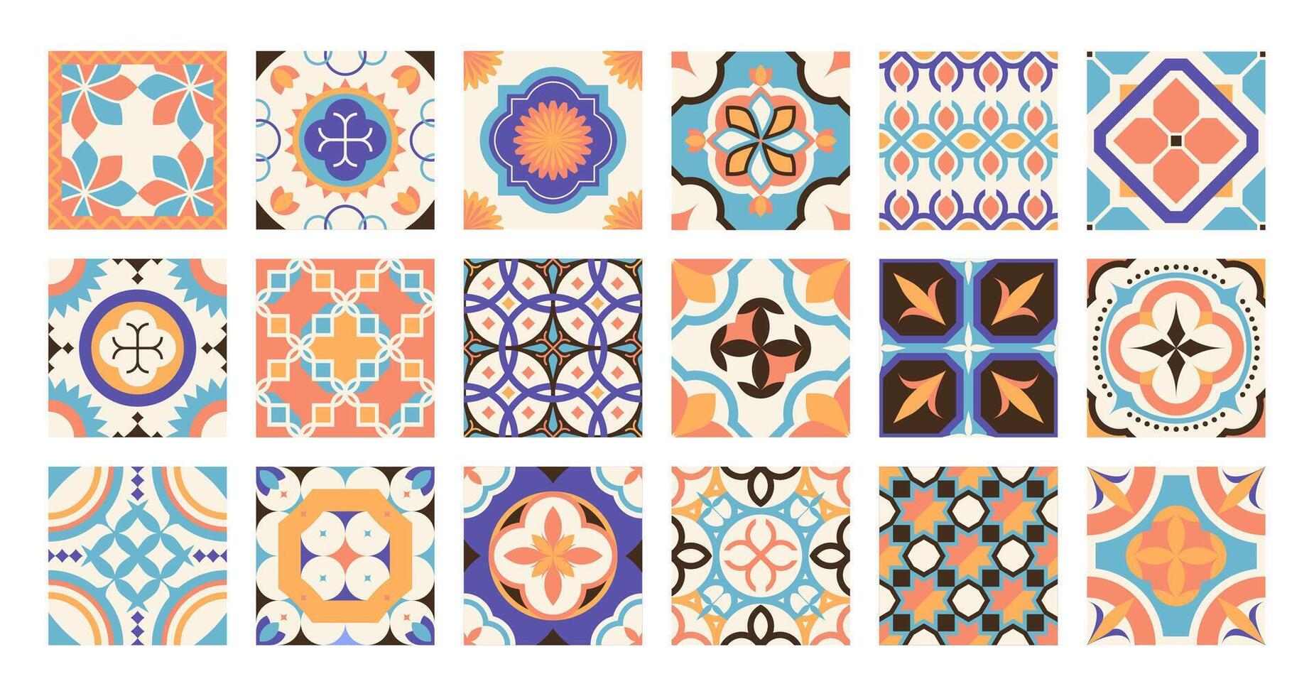 Lisboa telha padronizar. tradicional Português espanhol marroquino mosaico cerâmica, decorativo ornamentado quadrado azulejos Mediterrâneo motivo. vetor conjunto
