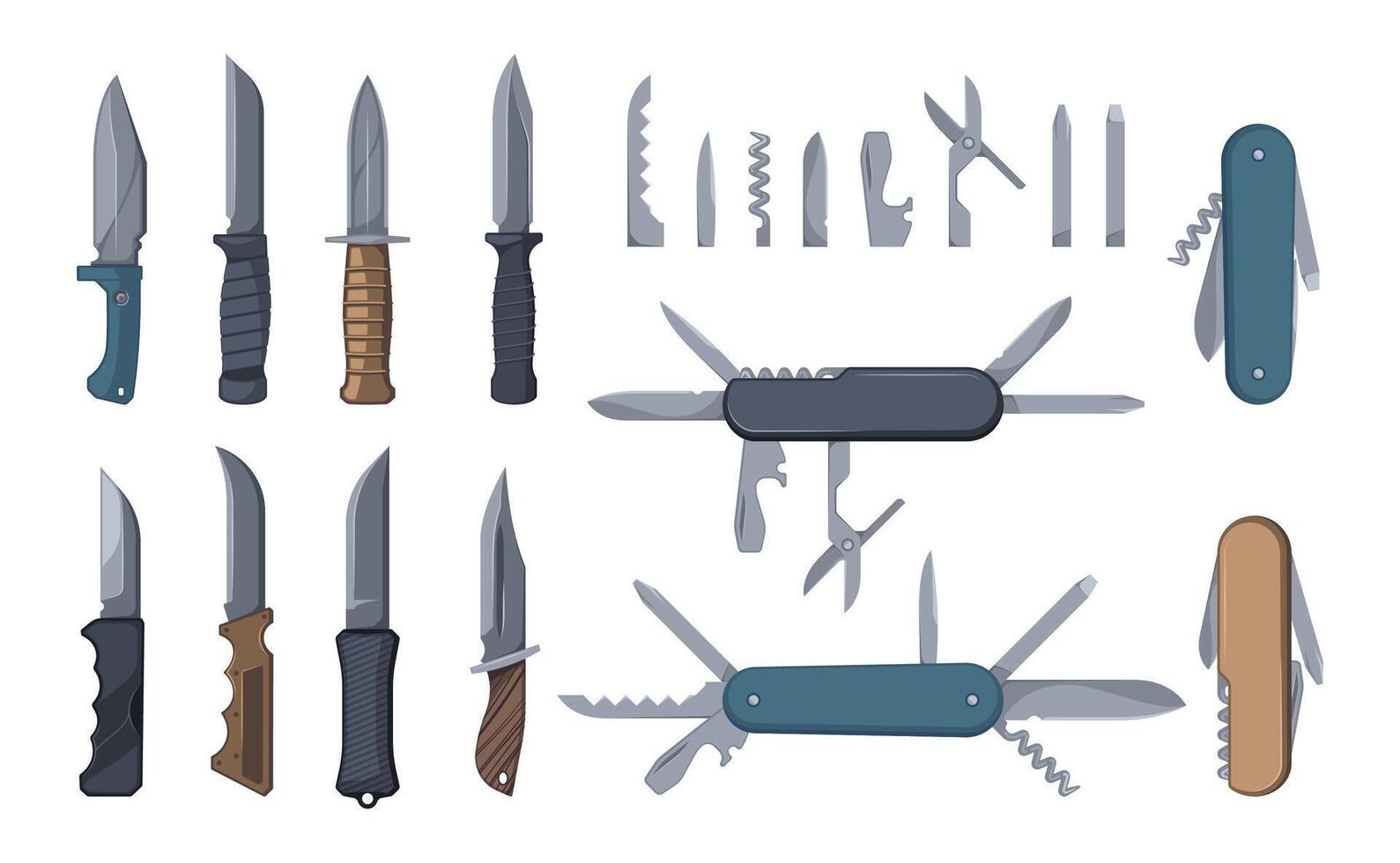 facas e multiferramentas. exército alicate com borracha firmeza sobrevivência kit, desenho animado trabalhador ferramenta para abertura garrafas, aparafusar, corte, corte. vetor conjunto