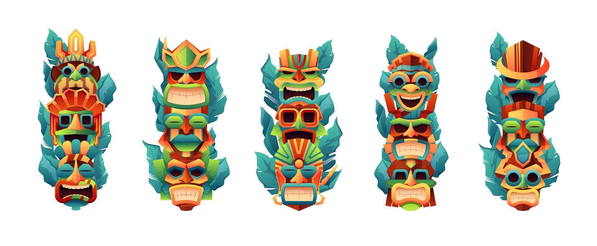 tiki totens. tradicional primitivo nativo tribal face máscaras, mexicano polinésio asteca indígena tribo ritual ídolos, desenho animado étnico construir símbolos. vetor conjunto