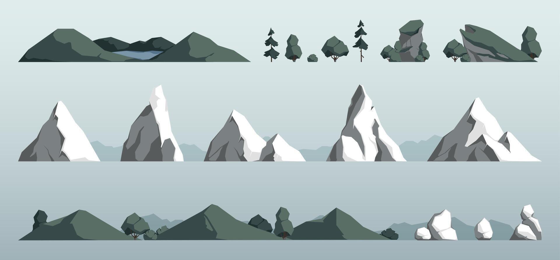 montanhas e colinas. desenho animado panorama com picos e cumes, panorâmico Visão do montanha picos e cumes com árvores e pedras. vetor plano ilustração