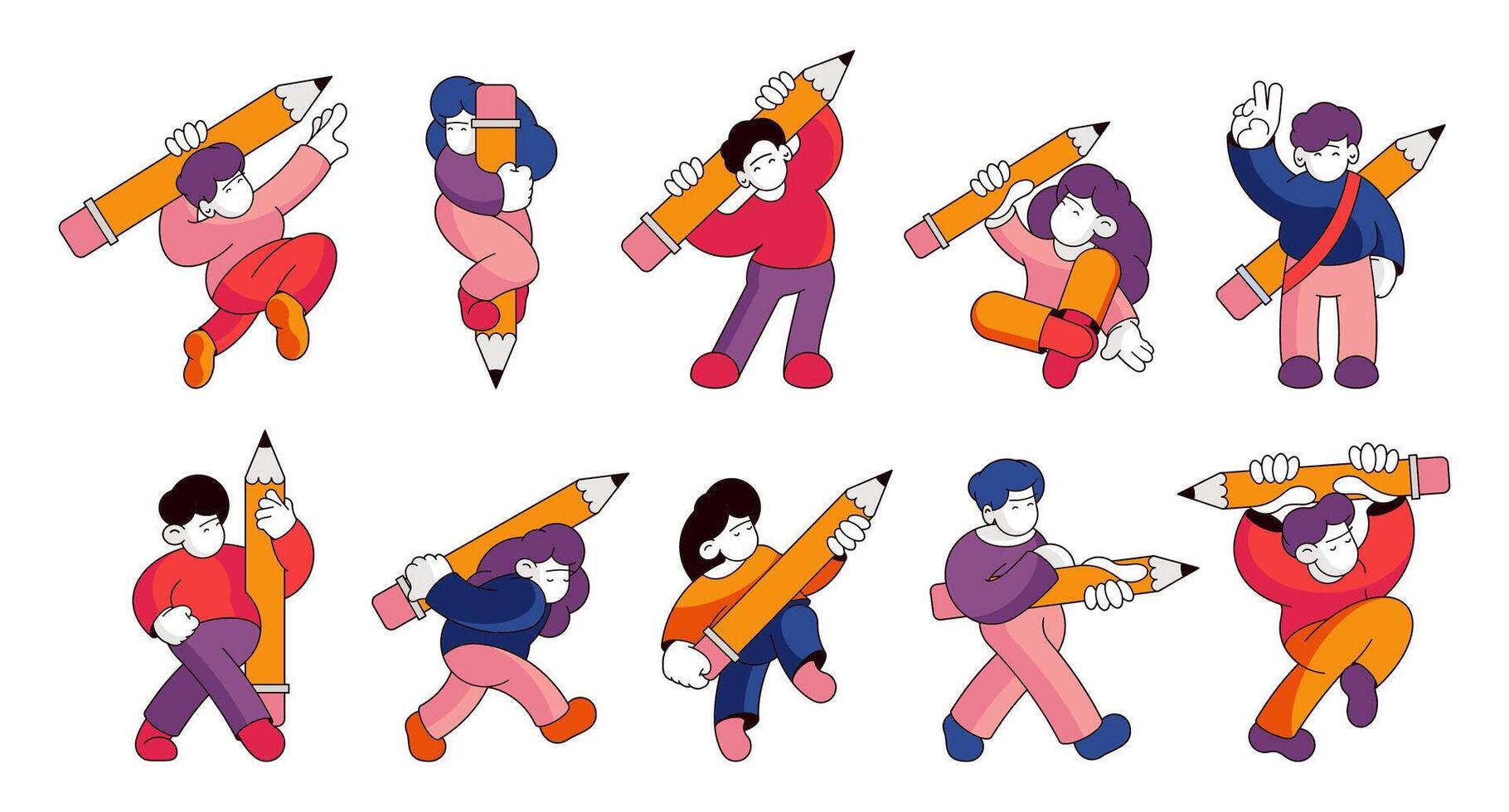 pessoas com lápis. mãos com escrevendo instrumentos. homem mulher personagens com canetas e desenhando ferramentas. criativo trabalhador vetor conjunto