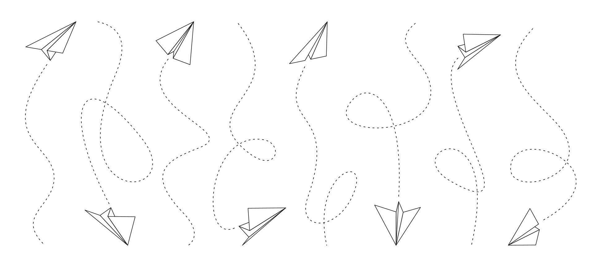 papel avião linhas. rabisco origami Setas; flechas para voar plano rota, guardada aviões com traço linhas. vetor coleção