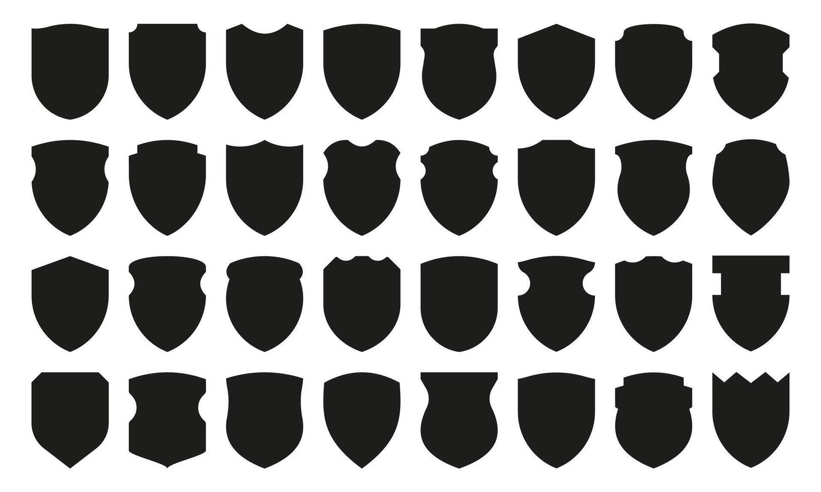 Preto escudos coleção. medieval proteção monocromático silhuetas, em branco segurança Distintivos e heráldico insígnia proteção foca clube distintivo. vetor conjunto