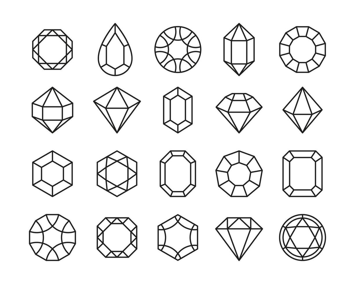 linha pedras preciosas. Tesouro diamantes e delineado precioso pedras, luxo joalheria geométrico símbolos fino golpes logotipo Projeto. vetor isolado conjunto