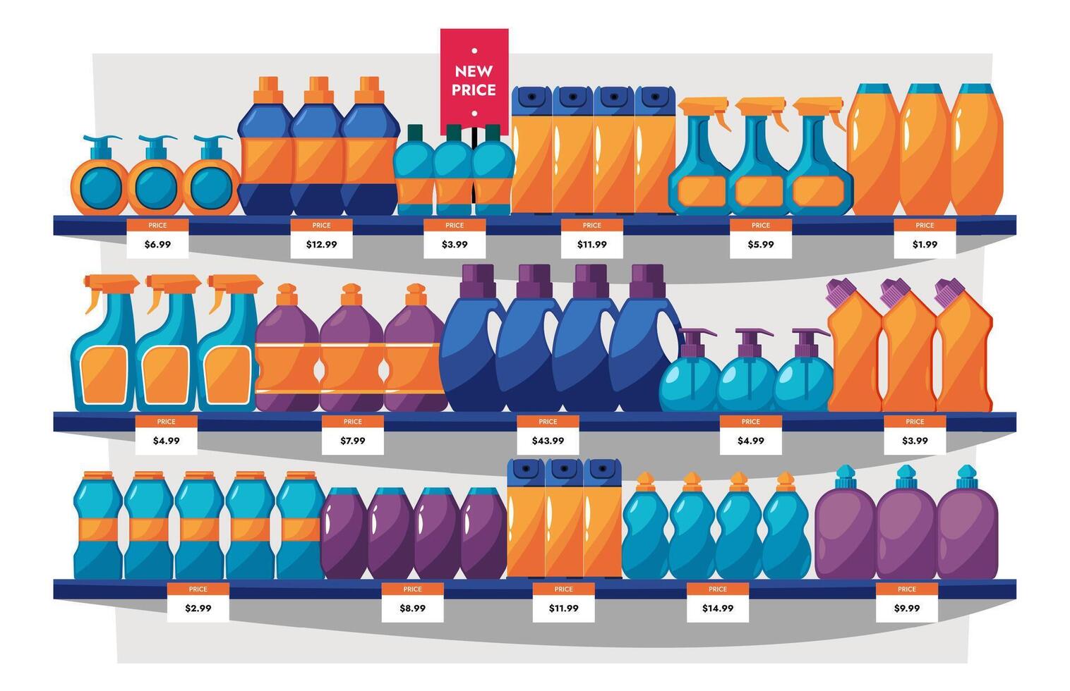 família produtos químicos prateleiras. loja do químico limpeza produtos, higiene e doméstico conceito com garrafa pó gel. vetor supermercado ilustração