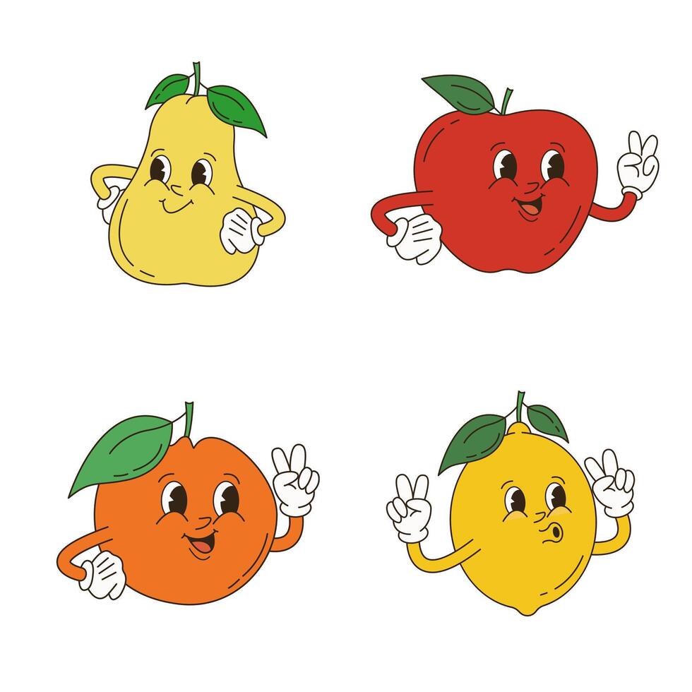 retro desenho animado personagem fruta definir. vetor engraçado ilustração com banana, cereja, limão, morango, Melancia